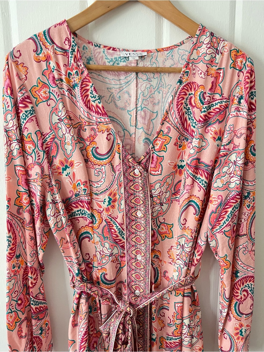 Venus Pink Paisley Boho Linen Long Sleeve Belted Maxi Dress Size 12 - Picture 5 of 9